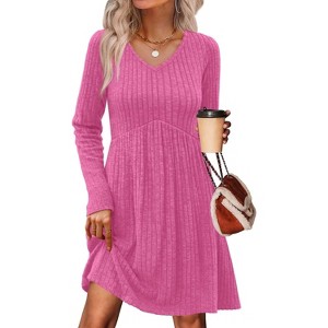 Long Sleeve V-Neck Sweater Dress 2025, Women's Empire Waist Babydoll Fall Dress with Pockets Pink - 1 of 4