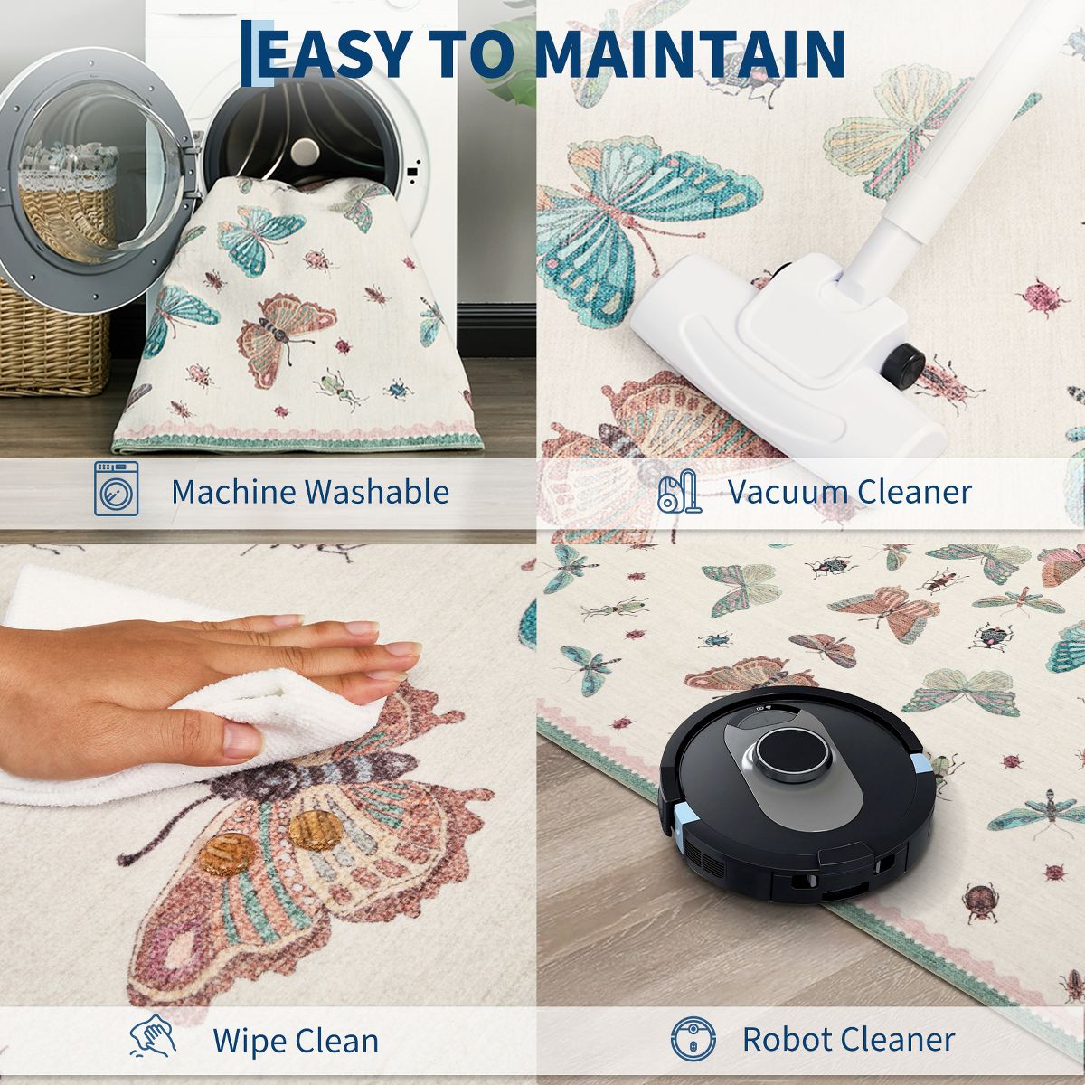 Machine Washable Butterfly Insect Print Area Rug, Non-Slip TPR Backing, Soft Polyester Low-Profile Rug for Living Room Bedroom - thumbnail 6