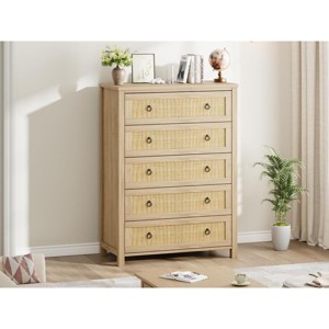 47.2" Freestanding Rattan Cabinet Dresser with Anti-Tip Design and Storage Drawers, Wooden Closet Dressers Chest for Bedroom, Living Room - 1 of 4