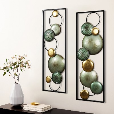 Green and Gold Metal Circles Wall Sculpture Set