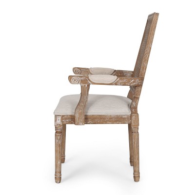 French Country Elegance Beige & Natural Wood Cane Upholstered Arm Chair