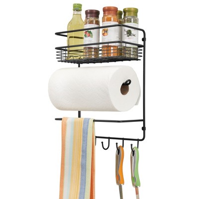 mDesign Metal Wall Mount Paper Towel Holder with Storage Shelf & Hooks - Black