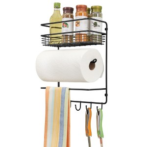 mDesign Metal Wall Mount Paper Towel Holder with Storage Shelf & Hooks - Black - 1 of 4