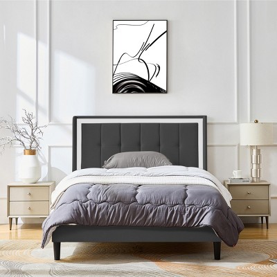 Queen Size Bed Frame, Upholstered Platform Bed Frame, Modern Wingback Headboard, Solid Wood Slats Support, No Box Spring Needed