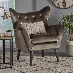 Modern Velvet Curved Wingback Chair, Upholstered Accent Chair, Button-Tufted Arm Chair with Oak Frame and Black Legs -Christopher Knight Home - 1 of 4