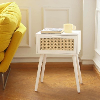 Rattan Nightstand, Bedside Table with Rattan Drawer, Wood End Table with Storage and Solid Wood Legs
