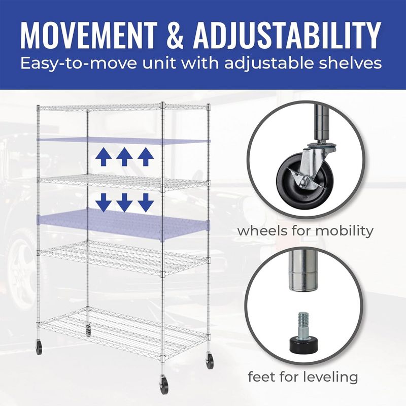 SafeRacks 4 Tiered Storage Shelves with Heavy Duty Steel Wire Shelving Unit, Wheels, and Adjustable Feet for Pantry Shelf or Garage, White, 3 of 7