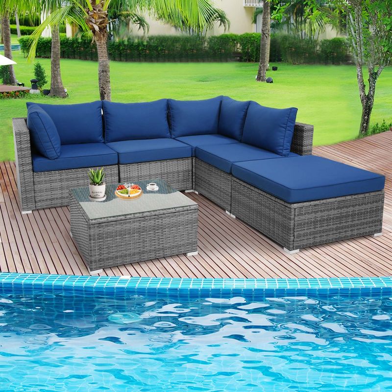 Costway 6PCS Patio Wicker Furniture Set Cushioned Sectional Sofa Coffee Table Navy Deck, 2 of 10