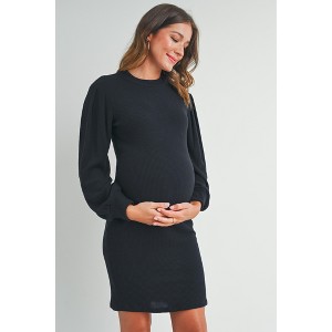 Hello Miz Women's Ribbed Mock Neck Puff Long Sleeve Maternity Dress - 1 of 4