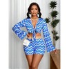 Mocamel Women's Slim Fit Plaid Striped Wrap Top And Shorts Suit 2 Piece , Stylish Blue Geometric Print For Beach Vacations And Daily Wear - 3 of 4