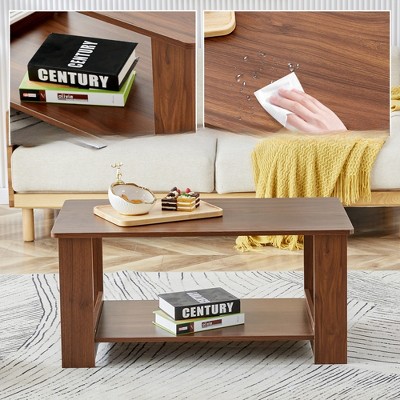 FONTOI Dining Table, Minimalist Rectangular Dining Table with Open Shelf, Grain Double-Layered Center Table for Home Office, Brown, 19.6"*16.5"*35.4"