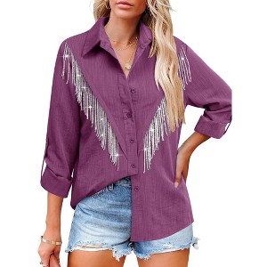 Nlife Womens Rhinestone Fringe Shirt Top Western Cowgirl Cowboy Rodeo Sparkly Tassel Long Sleeve Button Down Shirts Nashville Country Concert Outfit - 1 of 4