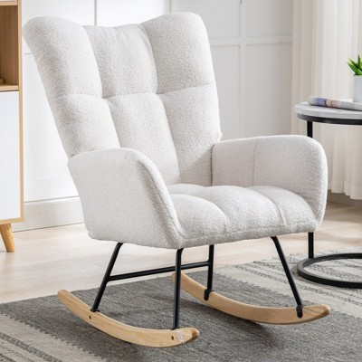 Image of Rocking Chair for Nursery Wingback Glider Rocker with Safe Solid Wood Base Soft Teddy Fabric Rocking Chair for Living Room Bedroom, white