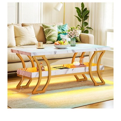 Rectangle Modern Coffee Table With LED Lights  2-Tier Wood Center Table End Table For Living Room
