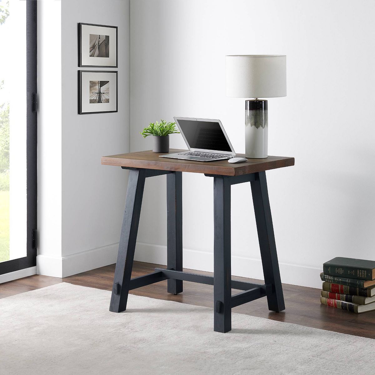 32" Small Adam Solid Wood Desk Rustic Natural - Alaterre Furniture: Industrial Sawhorse Leg, Pine Surface - thumbnail 2