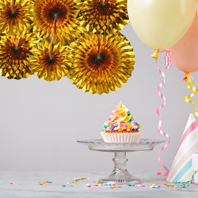 Gold Foldable Party Hanging Paper Fans with Clips, Set of 12
