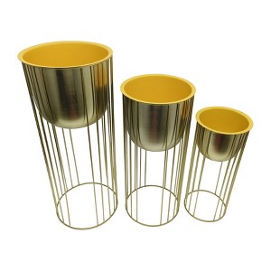 Sagebrook Home 3pc Raised Planters Metal Indoor Outdoor Planter Pots with Stands Gold/Yellow: Iron, Shatterproof, No Drainage Hole - 1 of 4