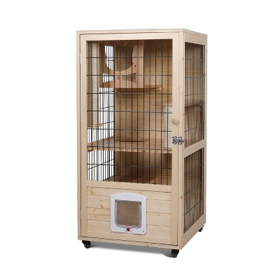 Elecwish Wooden Cat House Enclosed Large Space Cage Indoor with Scratching Post and Lockable Wheels Double Layer with Escape Door