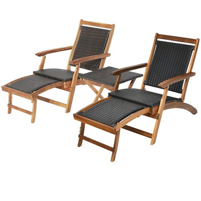 Tangkula Patio Lounge Chair Set of 3 w/ Side Table Quick Folding Design Ottoman Outdoor