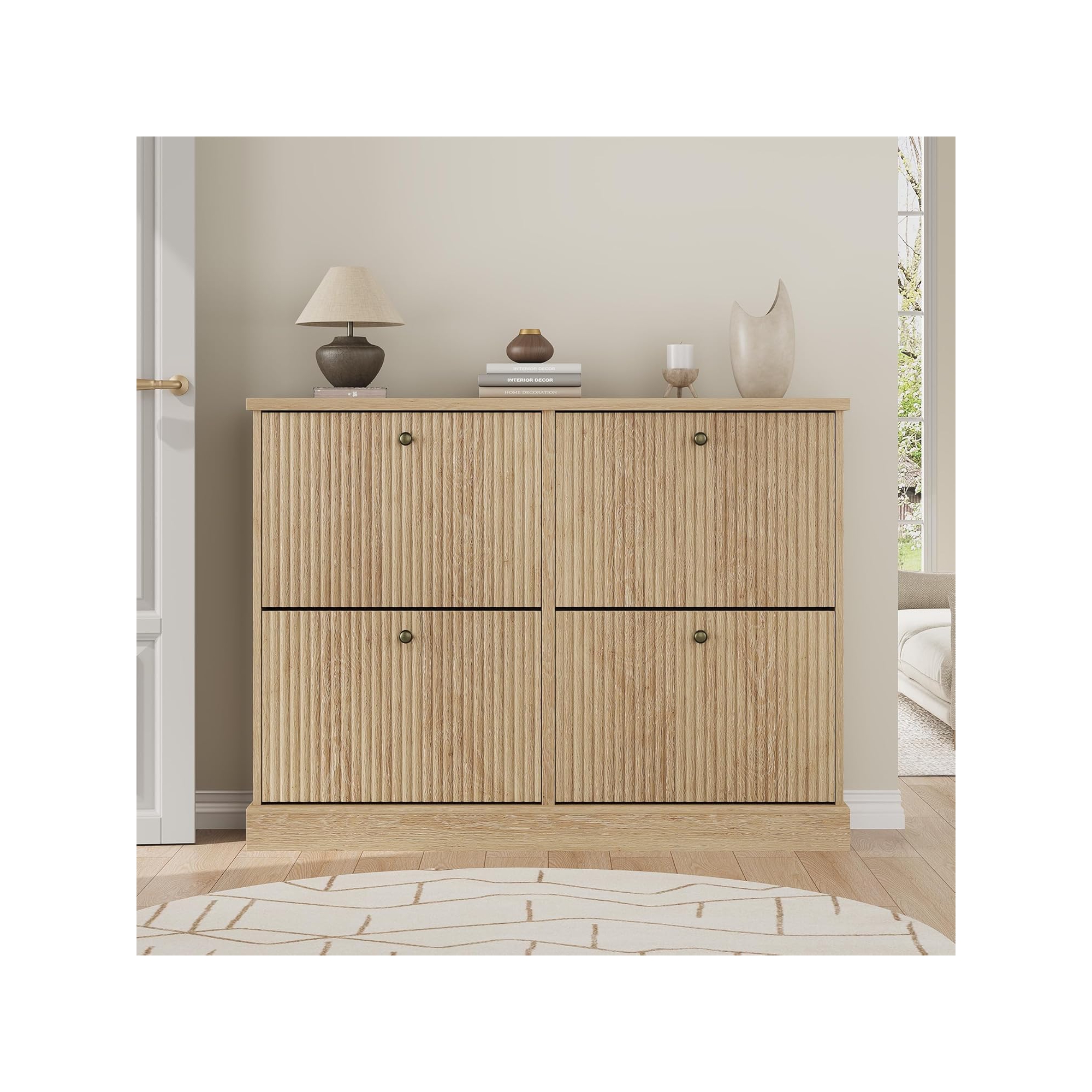Coucheta Shoe Cabinet with 4 Flip Drawers, Fluted Storage Cabinet with Adjustable Shelves, Freestanding Shoe Organizer for Entryway & Hallway