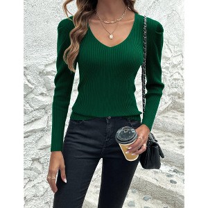 Zeagoo Fall Sweaters for Women 2024 Casual Long Sleeve Shirts V Neck Pullover Puff Slim Fit Tops - 1 of 4