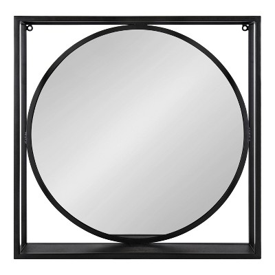 26.7" Black Iron Square Wall Mirror with Shelf