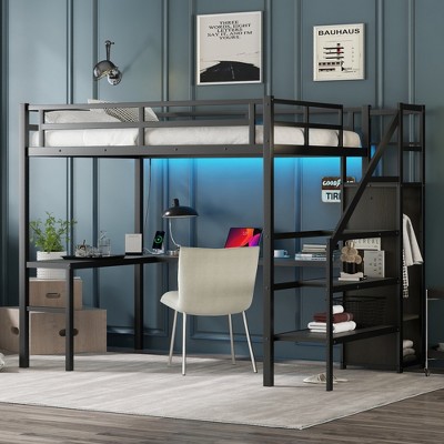 ALEXOUN Metal Loft Bed with L Shaped Desk and Wardrobe, Heavy Duty Loft Bed Frame with Storage Stairs,Space Saving Loft Bed, Black