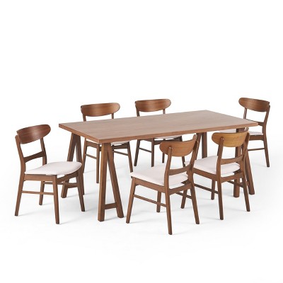 GDFStudio Isador Mid Century Modern 7 Piece Fabric Upholstered Rubberwood  Dining Set