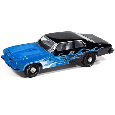 1974 Pontiac GTO Black and Blue with Blue Flame Graphics with White Interior 1/64 Diecast Model Cars by Johnny Lightning