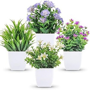 Aoibox 4 Pack Small Artificial Plants with Flowers, Indoor Faux Plants for Home Decor, Farmhouse, Desk, Bathroom, Spring Floral Centerpieces - 1 of 4