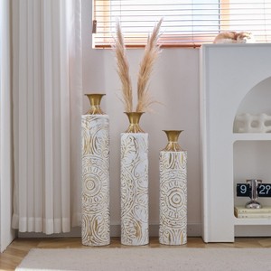 ORRD  Set of 3 White Metal Floor Vases - Large Glazed Cylinder Vases 24"-33.5" Height with Gold Accents Decor - 1 of 4