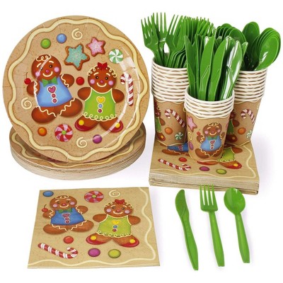 Juvale Serves 24 Merry Christmas Xmas Holiday Party Supplies, 144PCS Plates Napkins Cups, Gingerbread Favors Tableware Dinnerware Kit Set