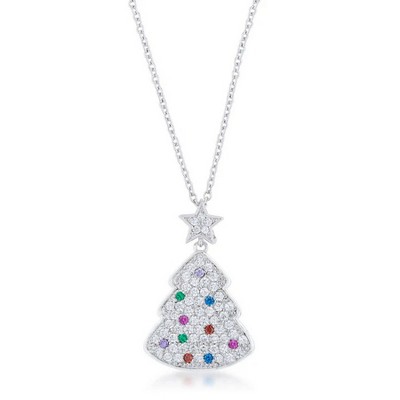 ShineHigh Clear Christmas Tree Drop Necklace with Cubic Zirconia, Rhodium Plated Holiday Pendant on Adjustable Link Chain, 5.75 Ct