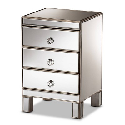 Ewan Mirrored 3 Drawer Nightstand Silver - Baxton Studio: Wood Frame, Reflective Surface, No Assembly Required