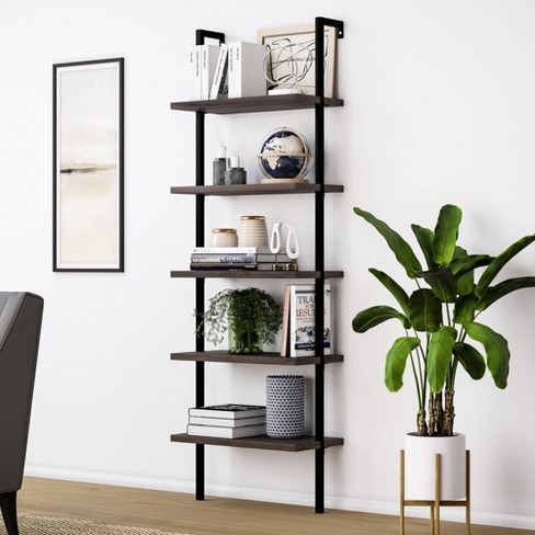 Nathan James Theo 6-Shelf Tall Bookcase, Wall Mount Bookshelf Wood with Metal Frame - Nutmeg/Matte Black