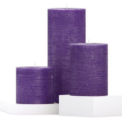Assorted Pillar Candles Set of 3 ¨C Sizes 3", 4", 8" Unscented Dripless Large Candles, Rustic Style for Weddings, Events, Home Decor ¨C Purple