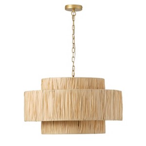 Dewdrop Boho Pendant Light, Handmade Double Layer Natural Raffia Chandelier with Gold Chain for Dining Room Kitchen - 1 of 4