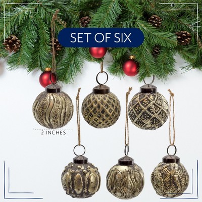 Antique Gold Distressed Glass Ball Ornaments Set of 6