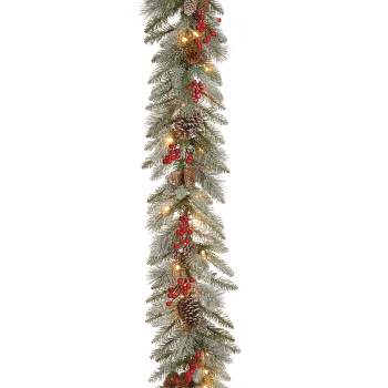 National Tree Company Pre-Lit Artificial Christmas Garland, Green, Snowy Bristle Berry, White Lights, With Pine Cones, Berry Clusters, Plug In,9 Feet