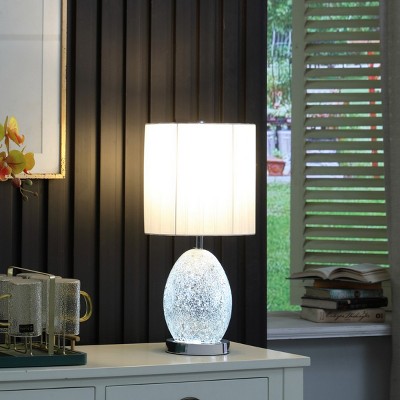 20" Modern Glass Table Lamp with Nightlight White Pleated Cotton Linen Drum Shade and Chrome Metal Base for Bedroom or Living Room-The Pop Home