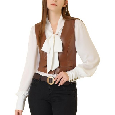 Allegra K Women's Button Front Sleeveless PU Faux Leather Waistcoat Vest