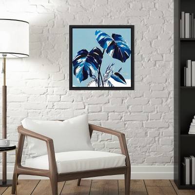 Blue Monstera Leaves Canvas Print with Black Frame