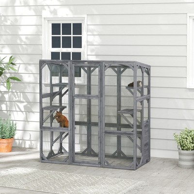 Gray Wooden Outdoor Cat Enclosure with Jumping Platforms