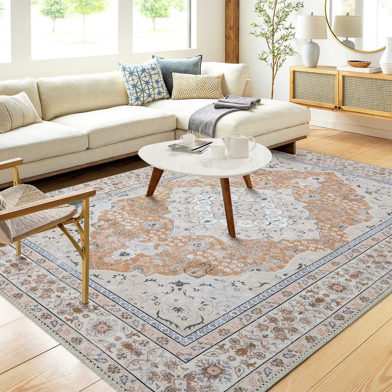 Vintage Distressed Area Rug for Living Room Traditional Medallion Stain Resistant Accent Rug, 8' x 10' Orang, 1 of 9