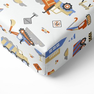 Bacati - Construction Vehicles Yellow Orange Blue Gray 100 percent Cotton Universal Baby US Standard Crib or Toddler Bed Fitted Sheet - 1 of 4