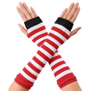Allegra K Women's Stripe Print Knitted Fingerless Elbow Length Gloves Warmers One Size 1 Pair - 1 of 4