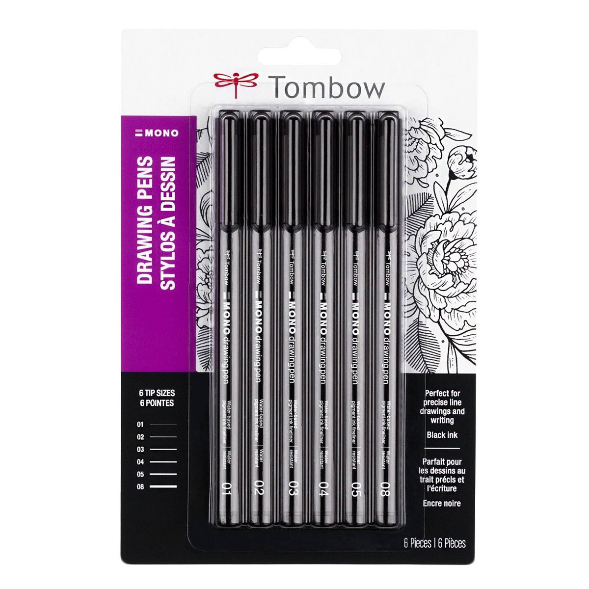 6ct MONO Drawing Pens Black - Tombow: Quick Drying, Durable Tip, Technical & Illustration Pens, Bold to Extra Fine Points