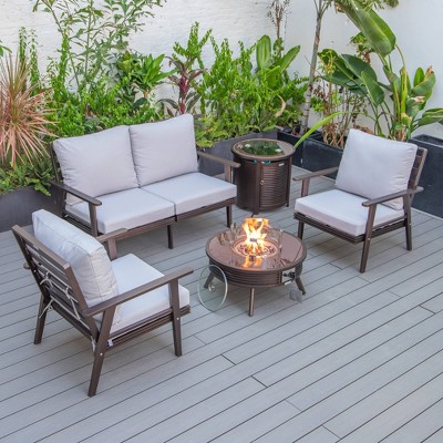 LeisureMod Walbrooke 4-Piece Modern Brown Patio Conversation Set with Slats Design Square Fire Pit & Tank Holder, Sectional Seat for Outdoor Spaces