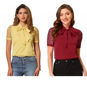 INSPIRE CHIC Women's Bow Tie V Neck Stand Collar Short Mesh Sleeve Blouse 2 Packs - 1 of 4