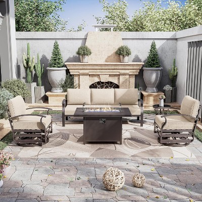 ALAULM Aluminum Patio Furniture Set 5-Seat Modern Metal Outdoor Conversation Sets w/45in Propane Fire Pit Table, Swivel Rocking Chairs, Sand